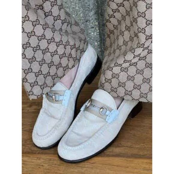 GUCCI Women's Tan Monogram GG Logo Canvas Horsebit Loafers Size 7 - Picture 2 of 13